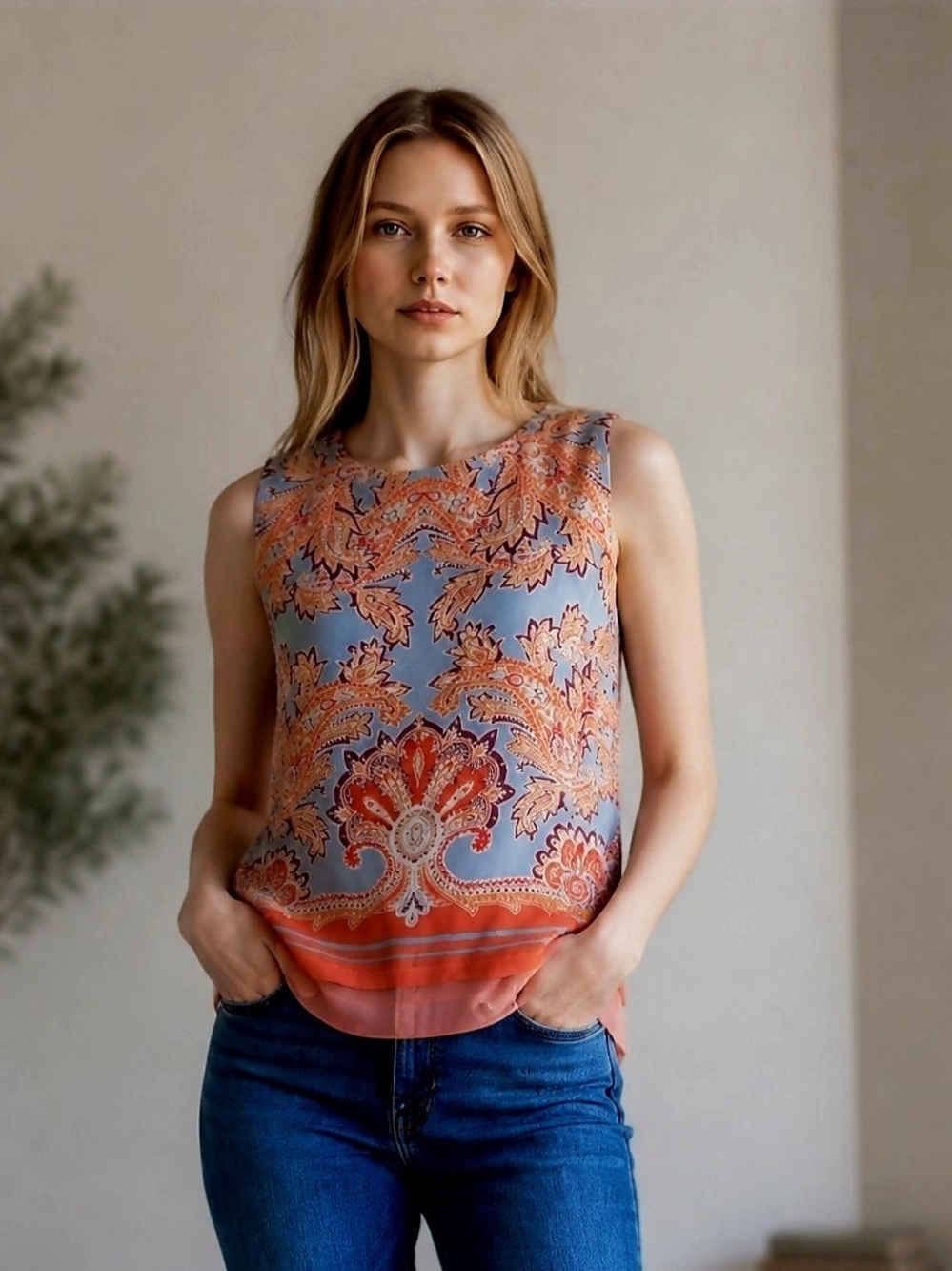 Rose & Olive Blue and Coral Paisley Sleeveless Camisole | Size Medium